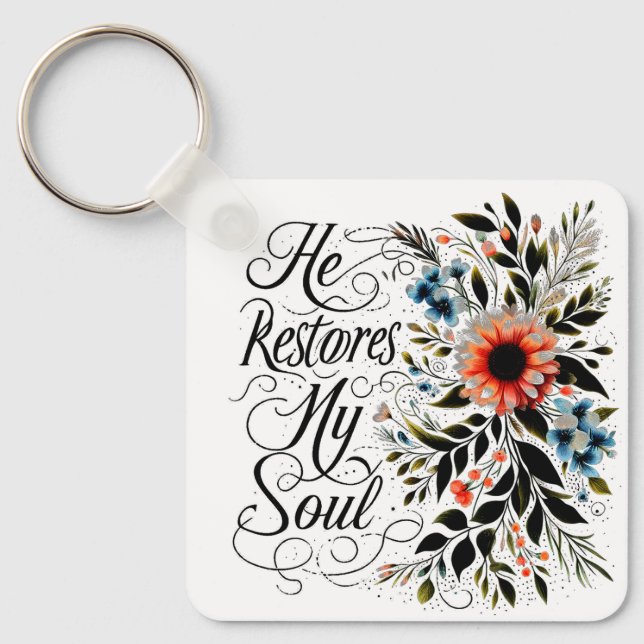 He restores my soul floral monogram keychain (Front)
