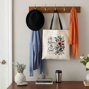 He restores my soul floral tote bag