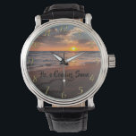 HE`S COMING SOON Christian Faith ocean Watch<br><div class="desc">Christian Faith cross with black cross over the ocean with a sunset and the text
HE`S COMING SOON
gold numbers</div>