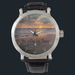 HE`S COMING SOON Christian Faith ocean Watch<br><div class="desc">Christian Faith cross with black cross over the ocean with a sunset and the text
HE`S COMING SOON
gold numbers</div>