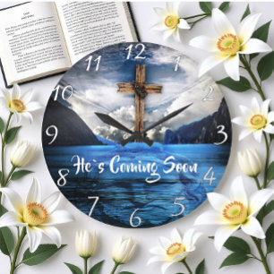 HE`S COMING SOON Jesus in the rippling water Large Clock