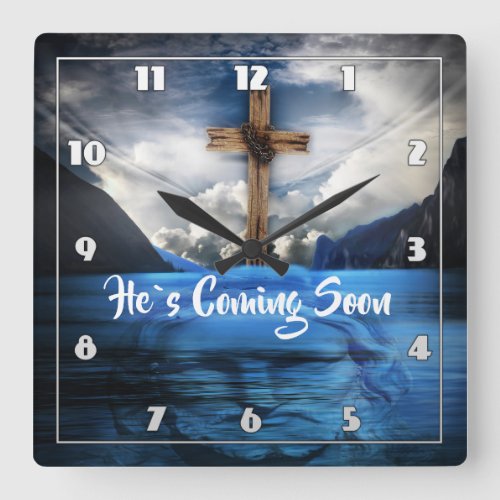 HES COMING SOON Jesus in the rippling water Square Wall Clock