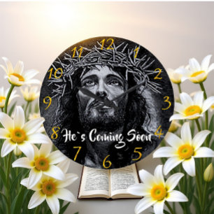HE`S COMING SOON Jesus looking into heaven Large Clock