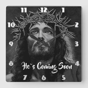 HE`S COMING SOON Jesus looking into heaven Square Wall Clock