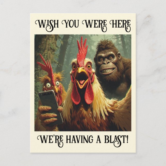 “He’s Right Behind Ya” Cheesy Chicken Postcard (Front)