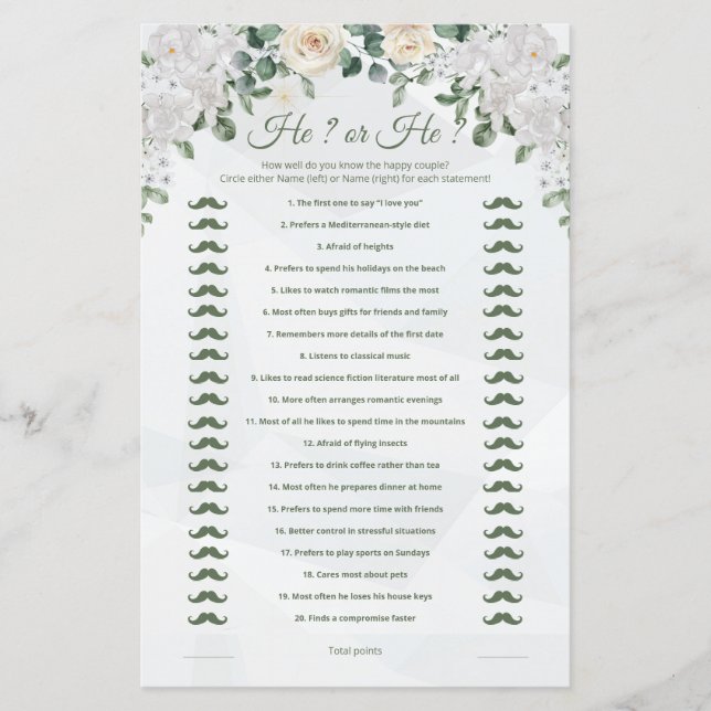 He Said, He Said Cute Wedding Game Printable (Front)
