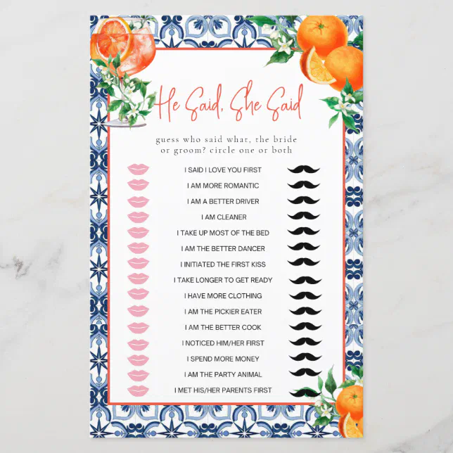 He Said She Said Aperol Spritz Bridal Shower Game Zazzle