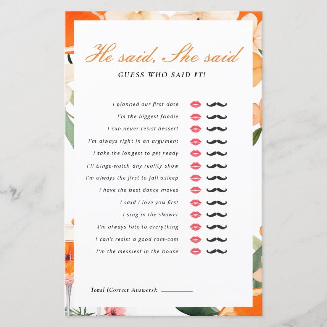 He Said She Said Aperol Spritz Bridal Shower Game (Front)