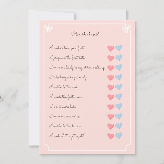 He said she said bachelorette party game invitation (Front)