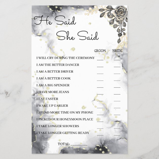 He Said She Said Black Rose BridalShower Game Card Flyer (Front)