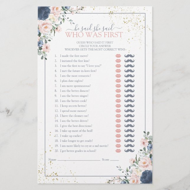He Said She Said Blue Blush Bridal Shower Game (Front)