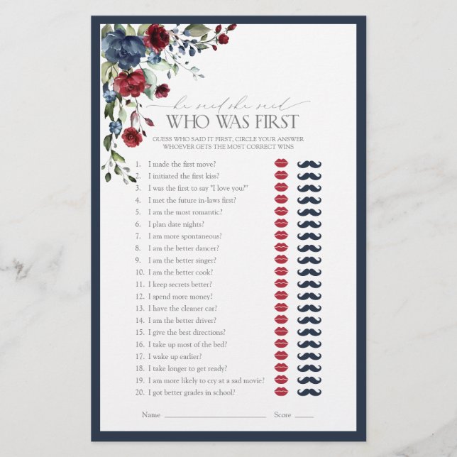 He Said She Said Blue Burgundy Bridal Shower Game (Front)