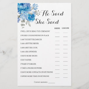 He Said She Said Blue Couple Shower Game Card Flyer