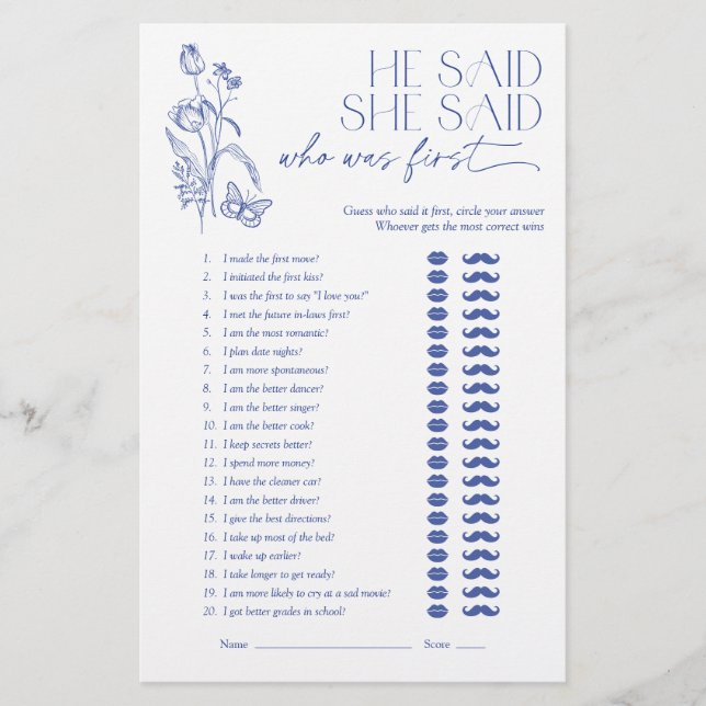 He Said She Said Blue Floral Bridal Shower Game (Front)