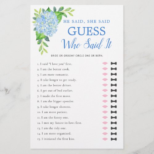 He Said She Said Blue Hydrangea Bridal Shower Game