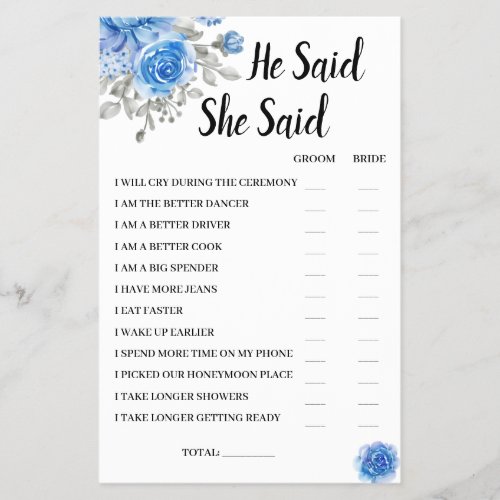 He Said She Said BlueFlower Bridal ShowerGame Card Flyer