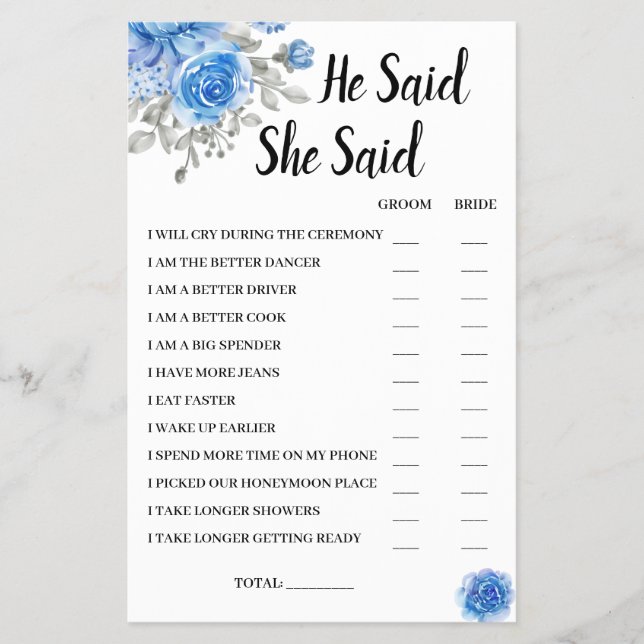 He Said She Said BlueFlower Bridal ShowerGame Card Flyer (Front)