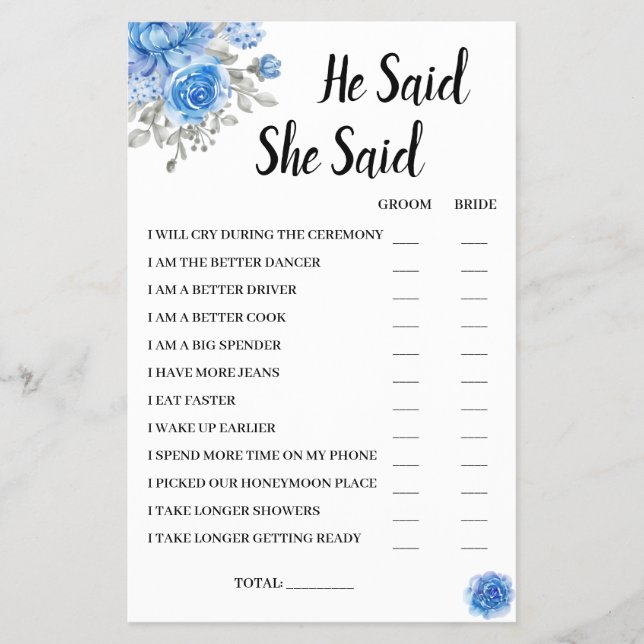 He Said She Said BlueFlower Bridal ShowerGame Card Flyer (Front)