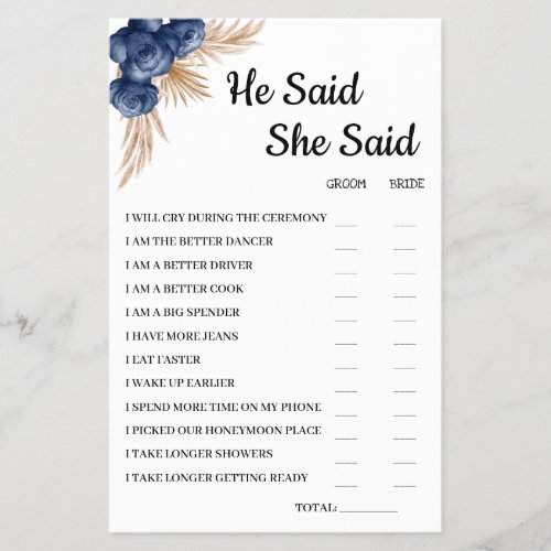 He Said She Said BlueFlower Bridal ShowerGame Card Flyer