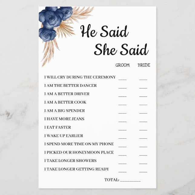 He Said She Said BlueFlower Bridal ShowerGame Card Flyer (Front)