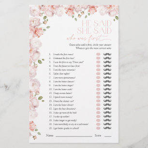 He Said She Said Blush Pink Bridal Shower Game