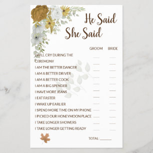 He Said She Said Boho Autumn Bridal Shower Game Fl Flyer