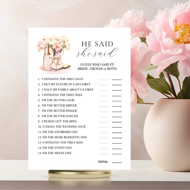 HE SAID SHE SAID Boots Bubbly Bridal Shower GAME Invitation (HE SAID SHE SAID Boots Bubbly Bridal Shower GAME )