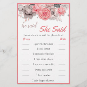 He Said / She Said Bridal Game Card Flyer