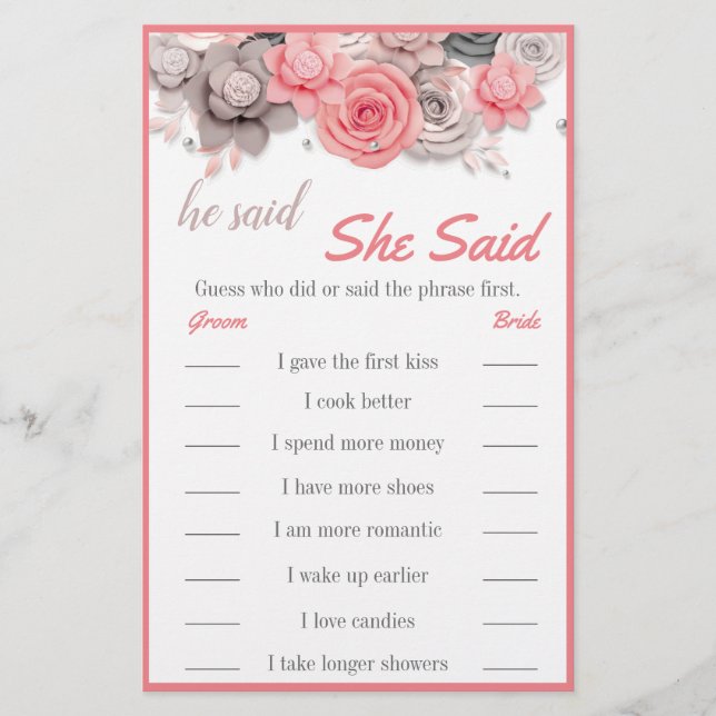 He Said / She Said Bridal Game Card Flyer (Front)