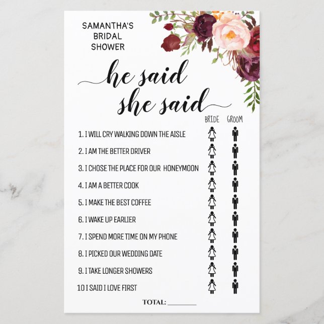 He said she said bridal shower biingual game (Front)