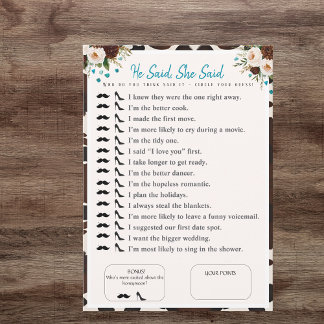 He Said, She Said Bridal shower boho Game Invitation
