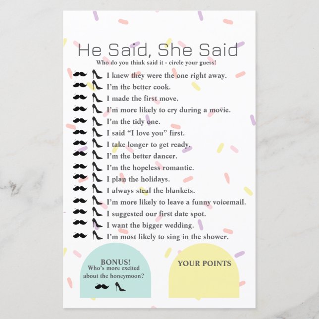 He Said, She Said Bridal shower Game (Front)