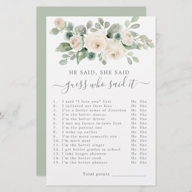 He Said She Said Bridal Shower Game (Front/Back)