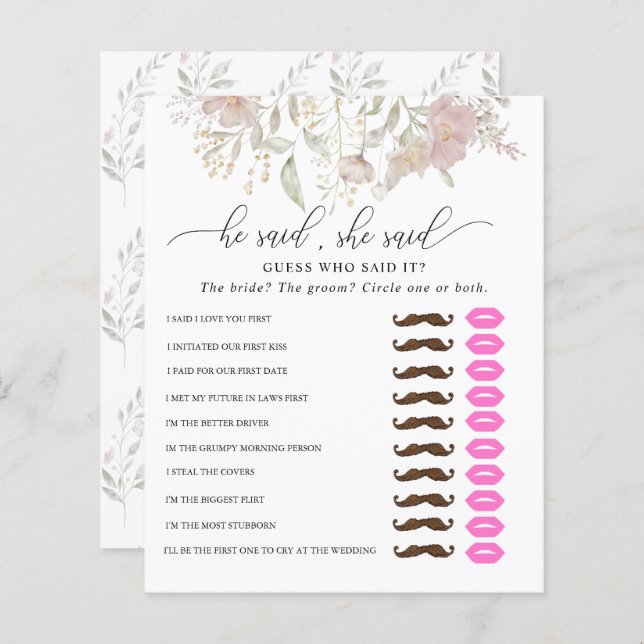 He Said She Said | Bridal Shower Game  (Front/Back)