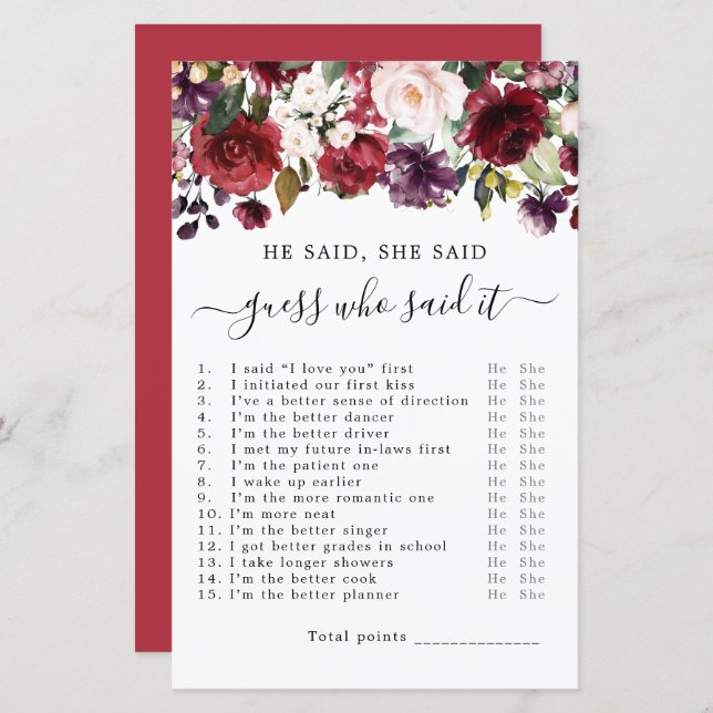 He Said She Said Bridal Shower Game (Front/Back)