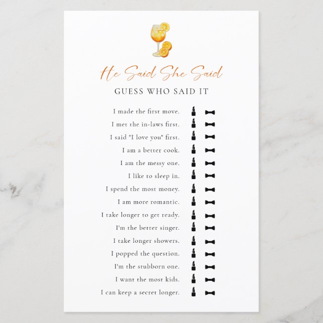 He Said She Said Bridal Shower Game Aperol Spritz (Front)