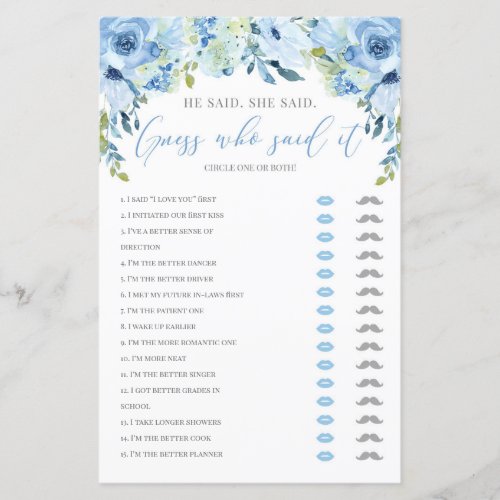 He said she said bridal shower game blue floral