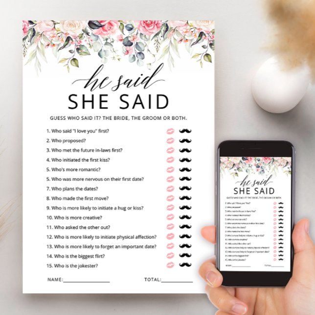 He Said She Said Bridal Shower Game Card (Creator Uploaded)
