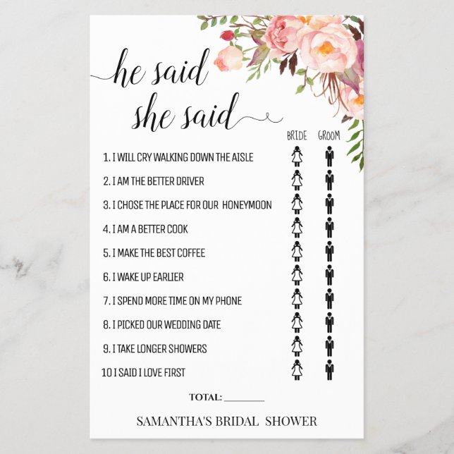 He said She said Bridal Shower game card Flyer (Front)