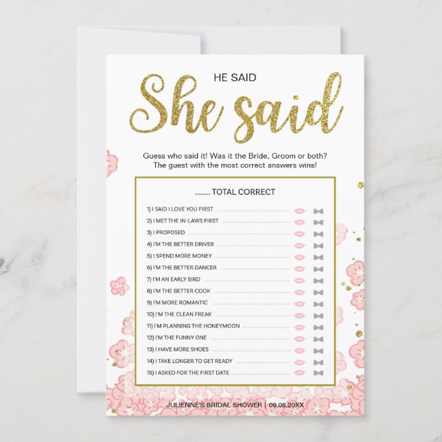 He Said She Said Bridal Shower Game | Gold and Pin (Front)