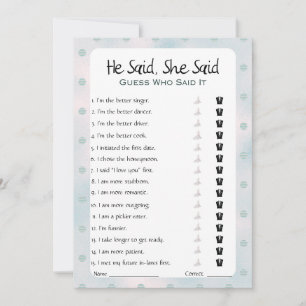 He Said She Said Bridal Shower Game Invitation