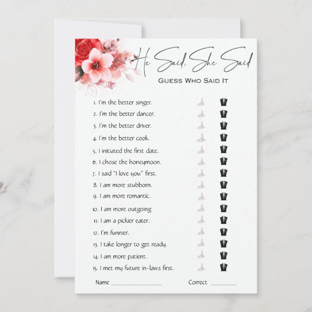 He Said She Said Bridal Shower Game Invitation (Front)