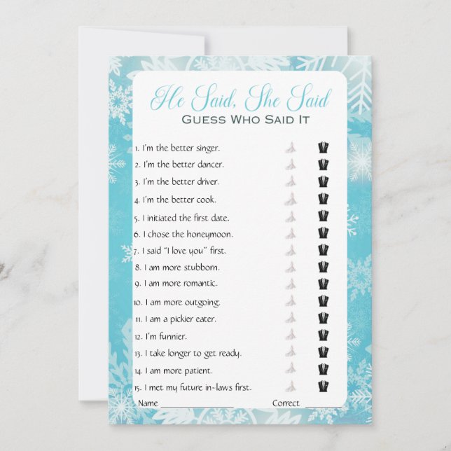 He Said She Said Bridal Shower Game Invitation (Front)