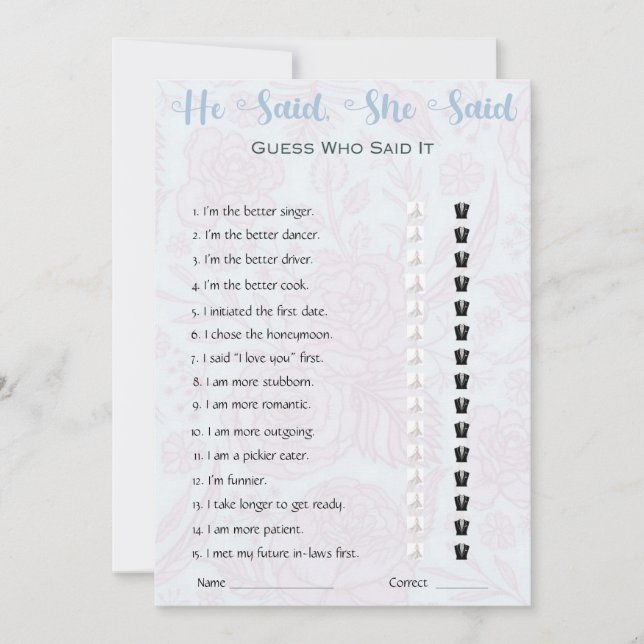 He Said She Said Bridal Shower Game Invitation (Front)