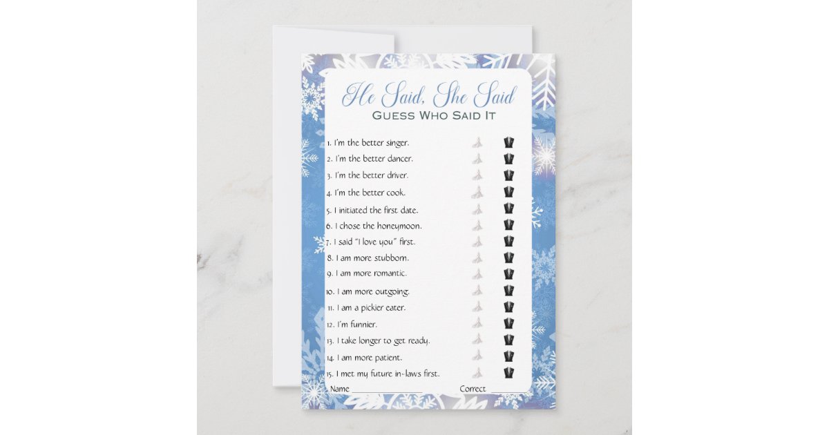 He Said She Said Bridal Shower Game Invitation