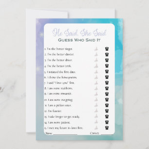 He Said She Said Bridal Shower Game Invitation