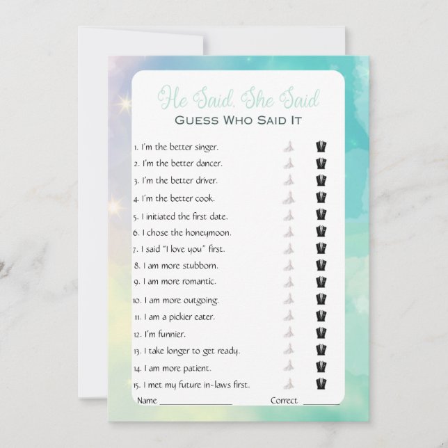 He Said She Said Bridal Shower Game Invitation (Front)