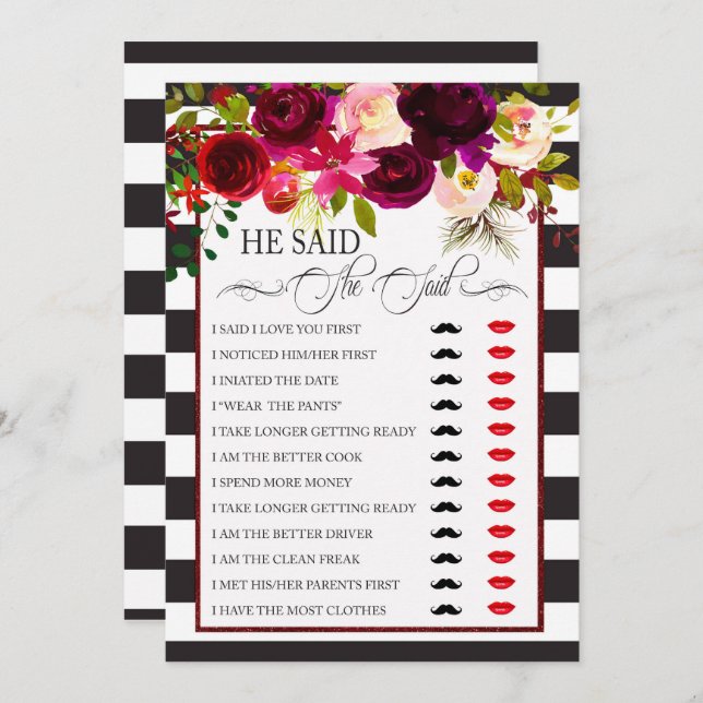 He Said/She Said Bridal Shower Game Invitation (Front/Back)