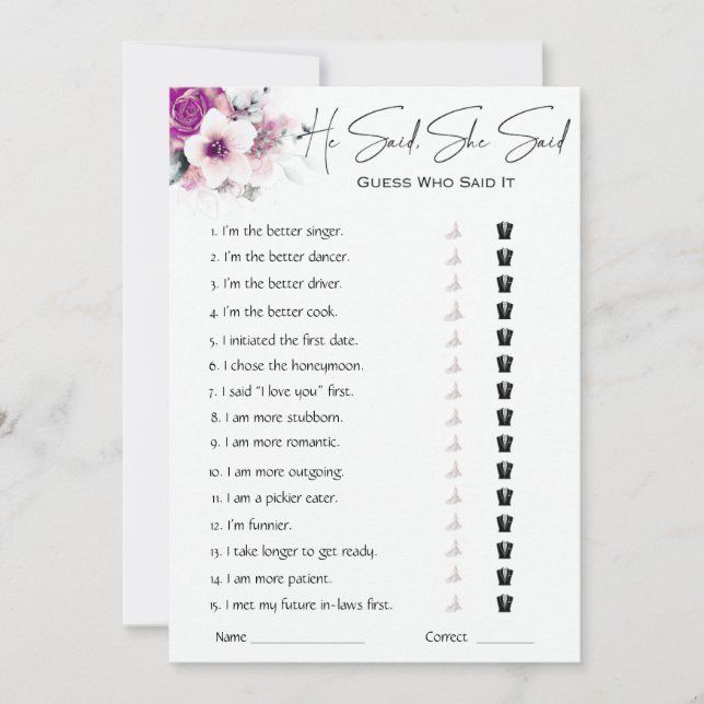 He Said She Said Bridal Shower Game Invitation (Front)