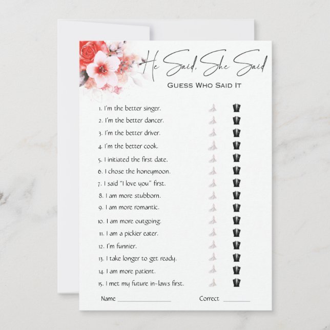 He Said She Said Bridal Shower Game Invitation (Front)